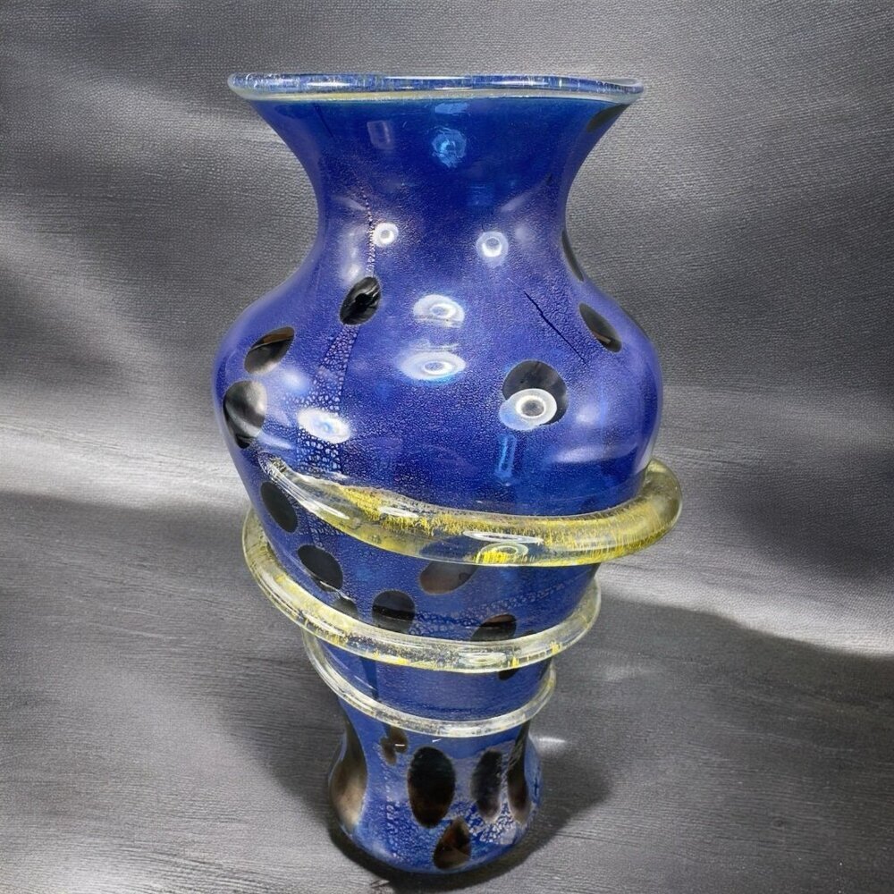 2001 Cliff Goodman Art Glass Vase Vessel Spiral Cobalt Blue Gold Specks Signed